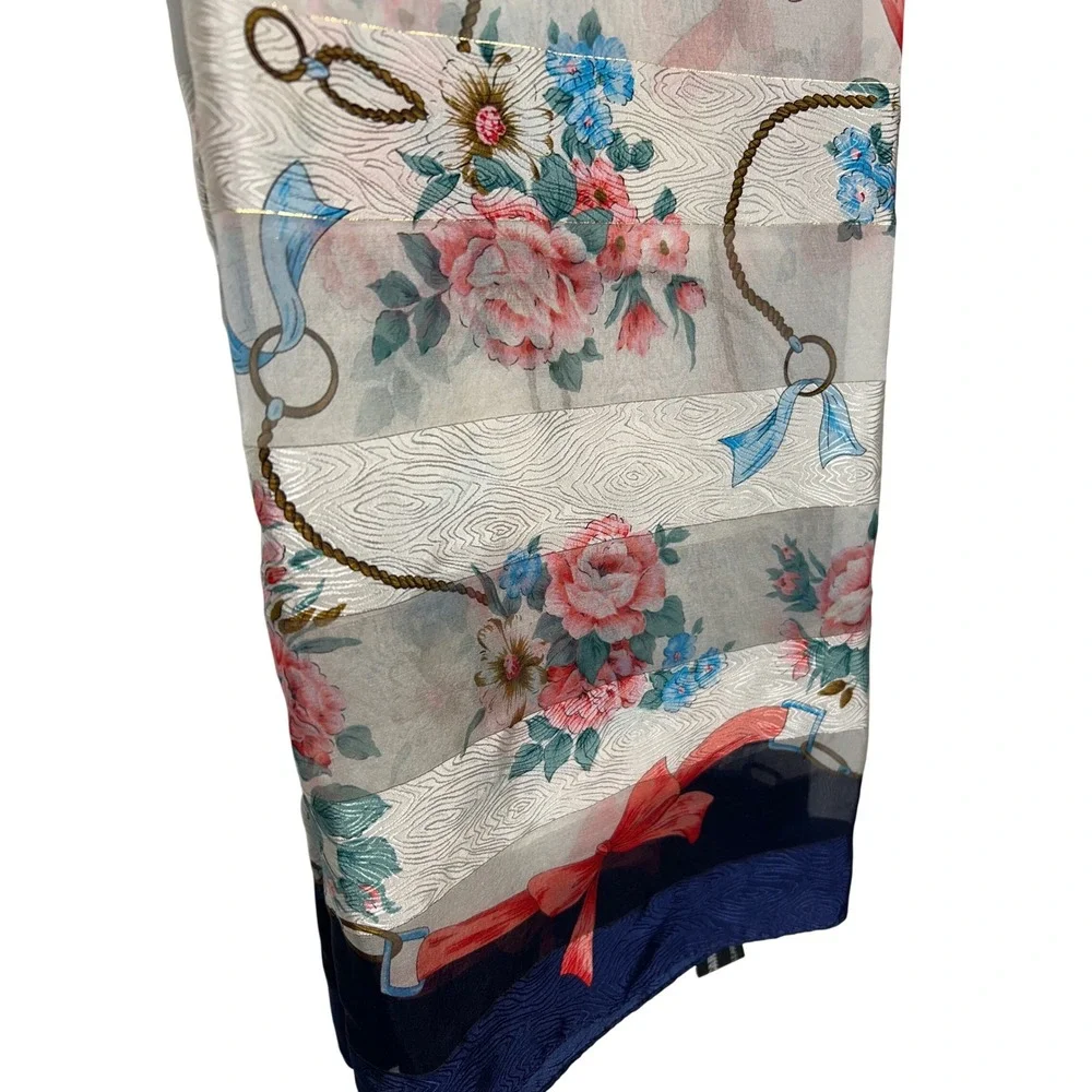 VTG Casca 100% Silk Floral Coquette Square Scarf Blue Pink Ivory 34